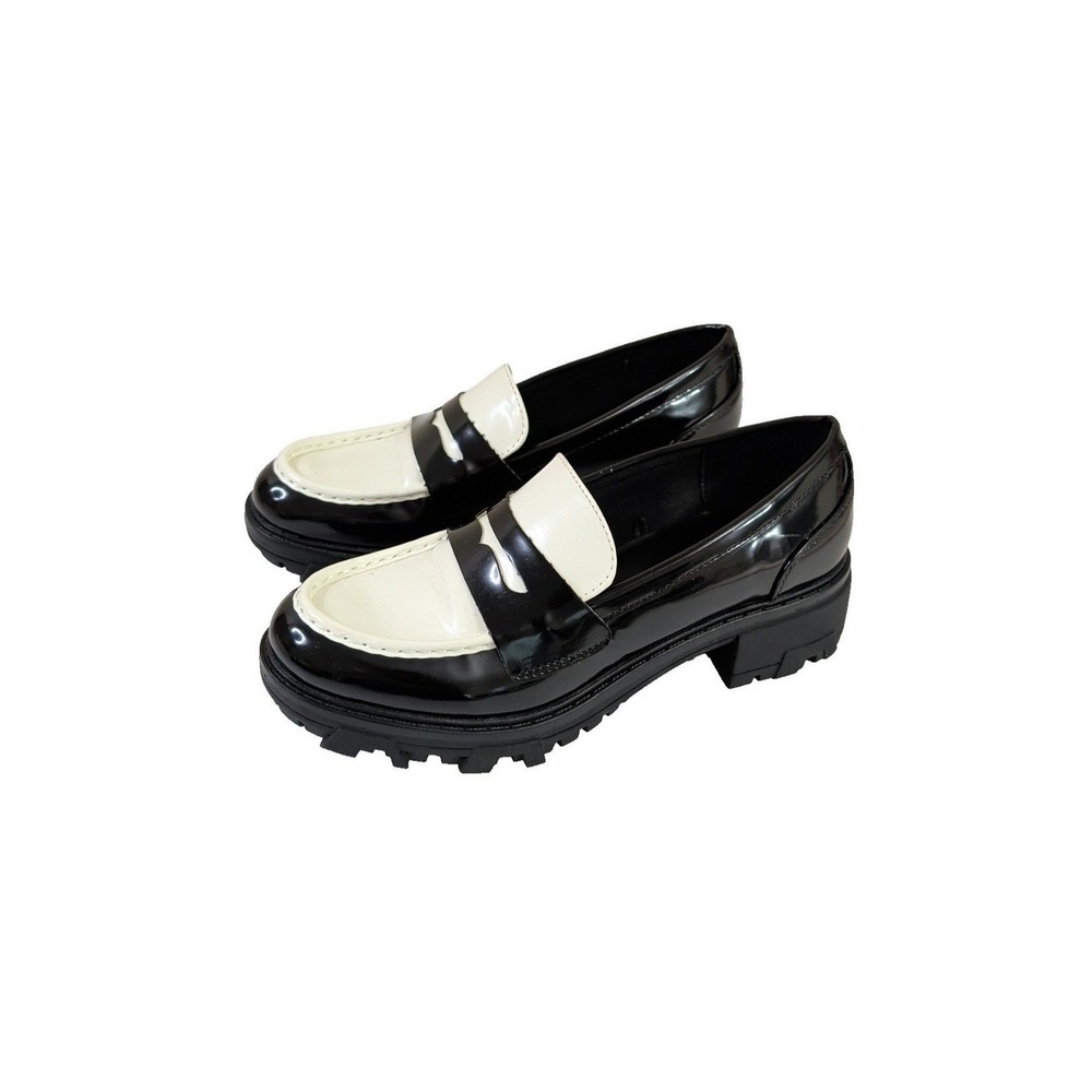 Unisa Chunky Loafer Womens 8 Black White Faux Patent Leather Y2K Indie Sleaze
